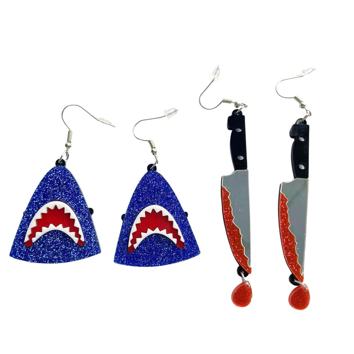 Wholesale   Earrings  Blue Glitter Shark Animal Dripping Knife Horror Acrylic Earrings