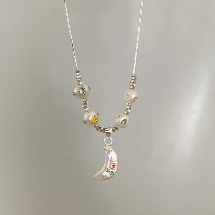 Wholesale Baroque pearl crescent silver necklace summer color zircon moon clavicle necklace