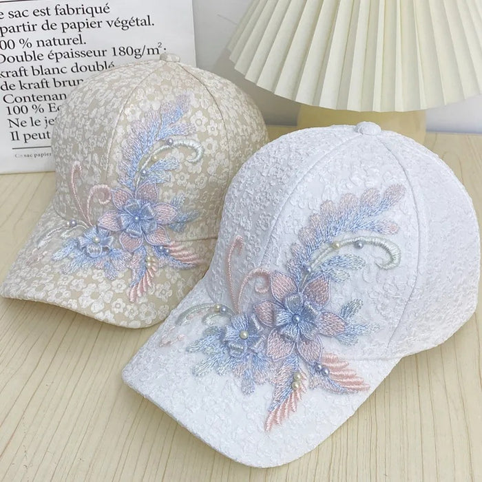 Wholesale Floral baseball cap, lace nail bead flower sunscreen hat, sunshade and breathable