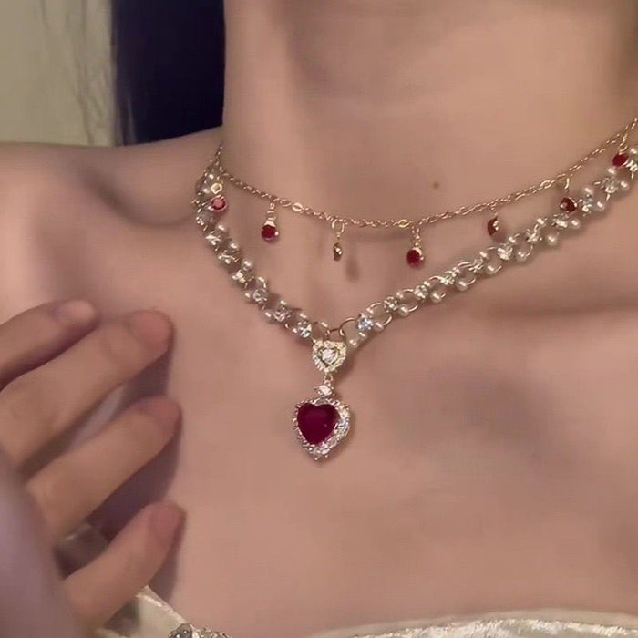 Wholesale Red heart-shaped pearl double layered necklace for a princess, luxurious and high-end, summer collarbone chain