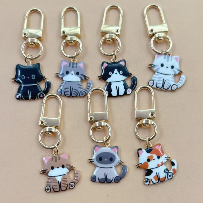 Wholesale 10pcs Cartoon Alloy Printed Pendant Cute Kitten Keychain Animal Series Metal Key Ring Bag Charm Accessory