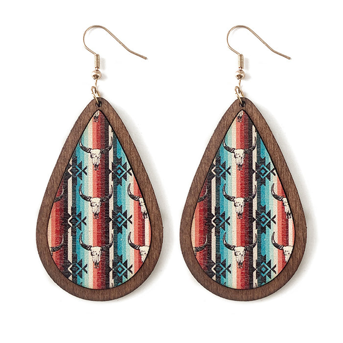 Wholesale Western Retro Wooden Earrings Aztec Water Drop Pattern Atmospheric