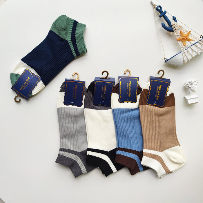 Wholesale Color blocked striped socks, pure cotton low cut boat socks, sports socks