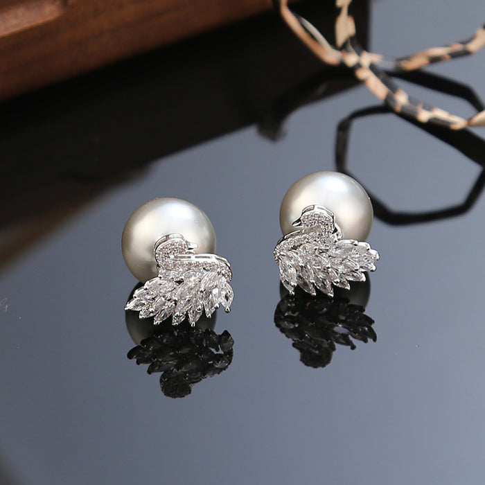 Wholesale Swan full diamond zircon pearl earrings, light luxury and high-end earrings, new silver needle fashionable and personalized earrings for women