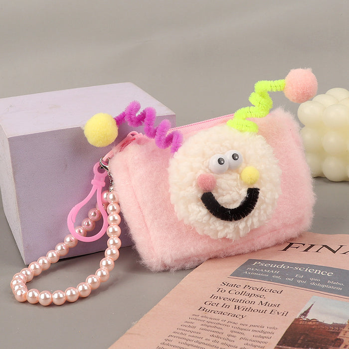 Wholesale Trendy Face Plush Square Card Holder Keychain Wallet Pink Macaron Style Everyday Wear Boutique Resale