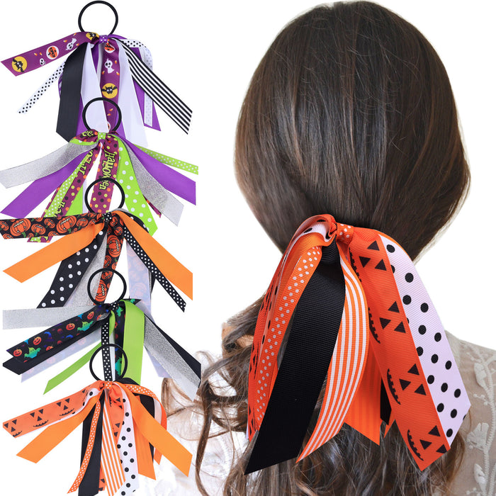 Wholesale Children' s Ribbon Hair Ring Girls  Color Split Hair Rope Pumpkin Pattern Rubber Band Hair Accessories
