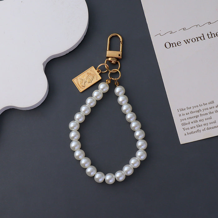 Wholesale Pearl Bead Chain Keychain Metal Square Figure Pendant Mobile Phone Case Hanging