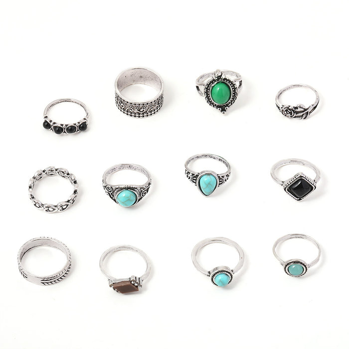Wholesale retro rose turquoise 12 pieces set ring