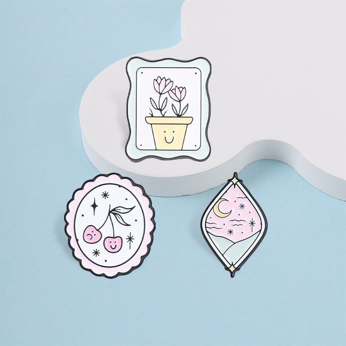 Wholesale Decorative Pink Macaron Pastoral Brooch Pin Zinc Alloy Enamel Moon Cherry Tulip Cartoon Badge Everyday Jewelry Accessory For Resale