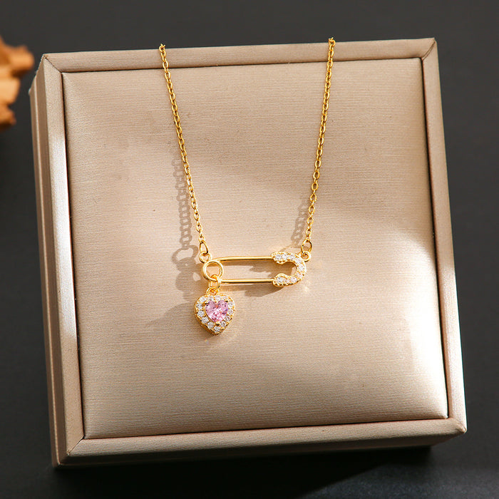 Wholesale Zircon brooch heart pendant titanium steel clavicle chain