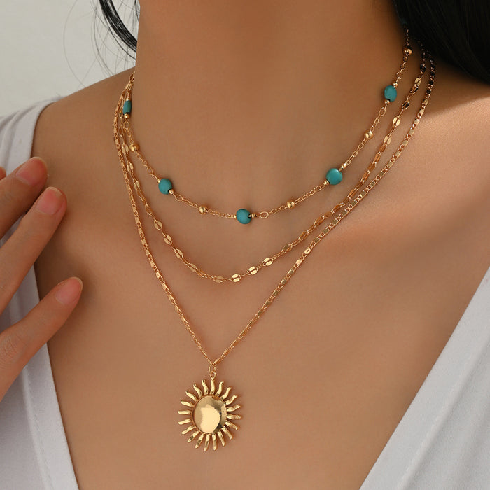 Wholesale Multi-layered gold sun pendant necklace