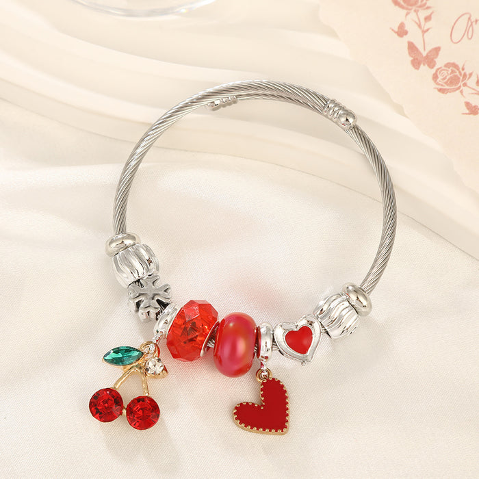 Wholesale Sweet Cherry Beaded Bracelet Stainless Steel Heart Jewelry MOQ≥2