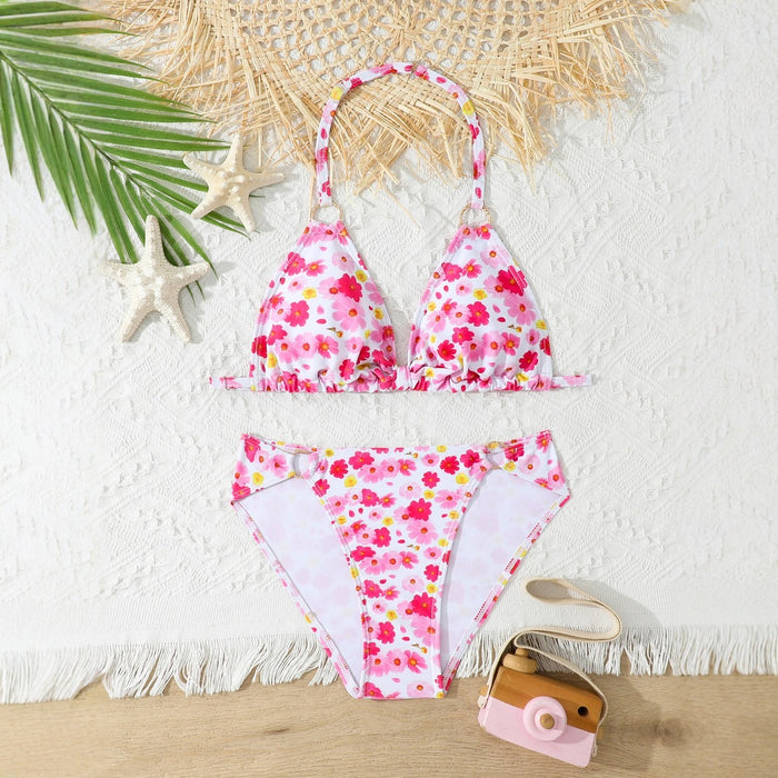 Wholesale New two-piece split swimsuit with floral hanging neck for children