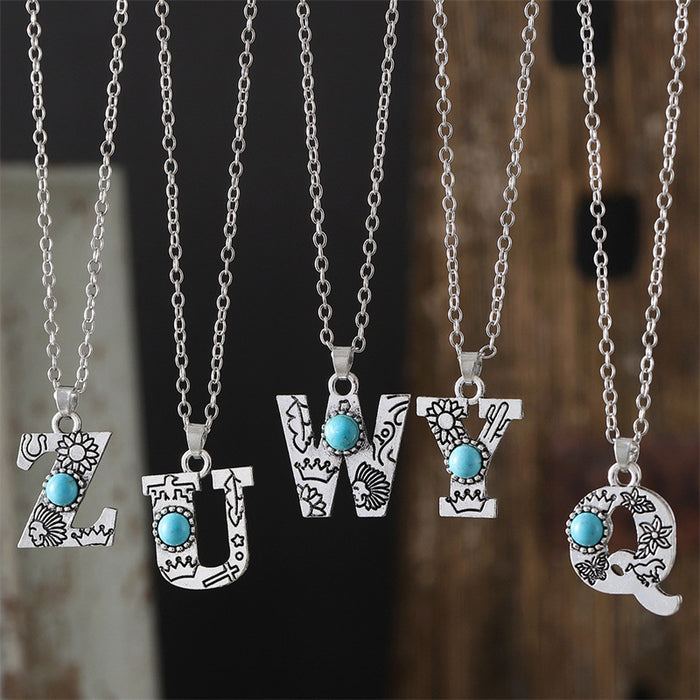 Wholesale 2pcs Retro 26 English Letter Turquoise Necklace