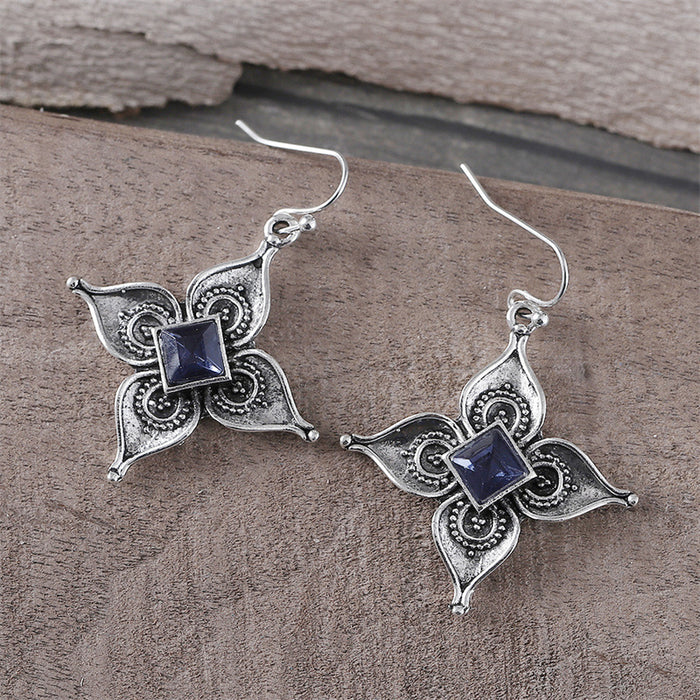 Wholesale 2pcs retro inlaid sapphire flower earrings