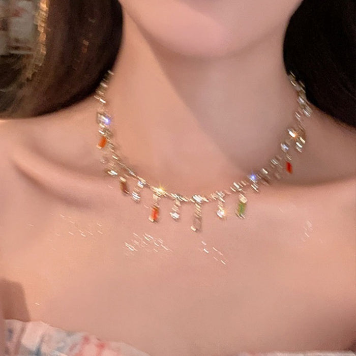 Wholesale Summer fashion, light luxury, niche design, high-end color tassel zircon collarbone necklace accessories
