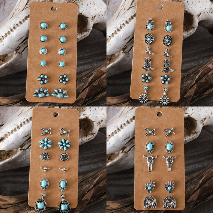 Wholesale cute sweet turquoise earrings suit fashion round bead flower cat claw ear jewelry