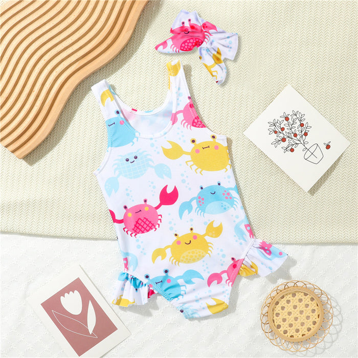 Wholesale Children's one-piece swimsuit cartoon printed girls' headband swimsuit