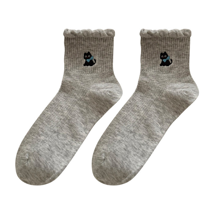 Wholesale Socks Children's Cotton Socks Cartoon Embroidery Lace Middle Sock Pattern Grey Sports Socks