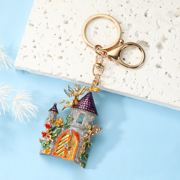 Wholesale Dreamy Fairy Tale Castle Keychain Zinc Alloy Blue Rhinestone Bag Charm