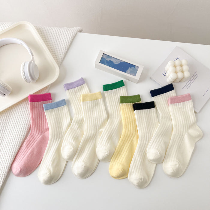 Wholesale Thin breathable cotton socks with hollowed out mesh eyes, tube socks, color blocked pile socks