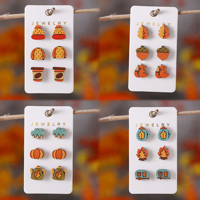 Wholesale Autumn Thanksgiving Maple Leaf Pumpkin Earring Set Wooden Personalized Thanksgiving Harvest Earring Gift