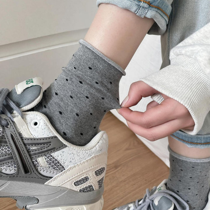 Wholesale Curled edge polka dot socks, mid tube socks, anti odor and sweat absorbing, summer thin style, spring and autumn breathable pile socks