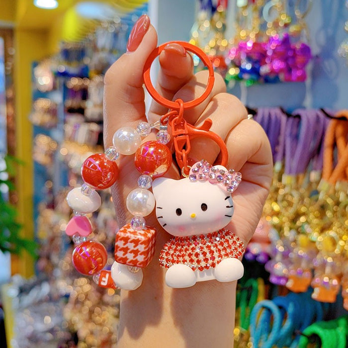 Wholesale Czech Rhinestone Cartoon Cat Keychain Cute Ladies Beaded Bag Charm Phone Pendant Car Key Accessory