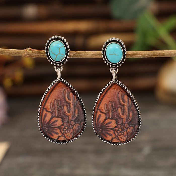 Wholesale Artistic retro ethnic style drop-shaped brown turquoise alloy earrings