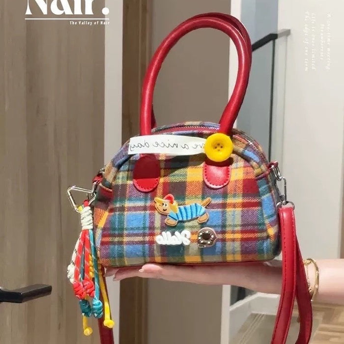 Wholesale Shoulder Maillard Plaid Handbag Women's Retro Contrast Color Dachshund Dog Exquisite Handbag Crossbody Bag