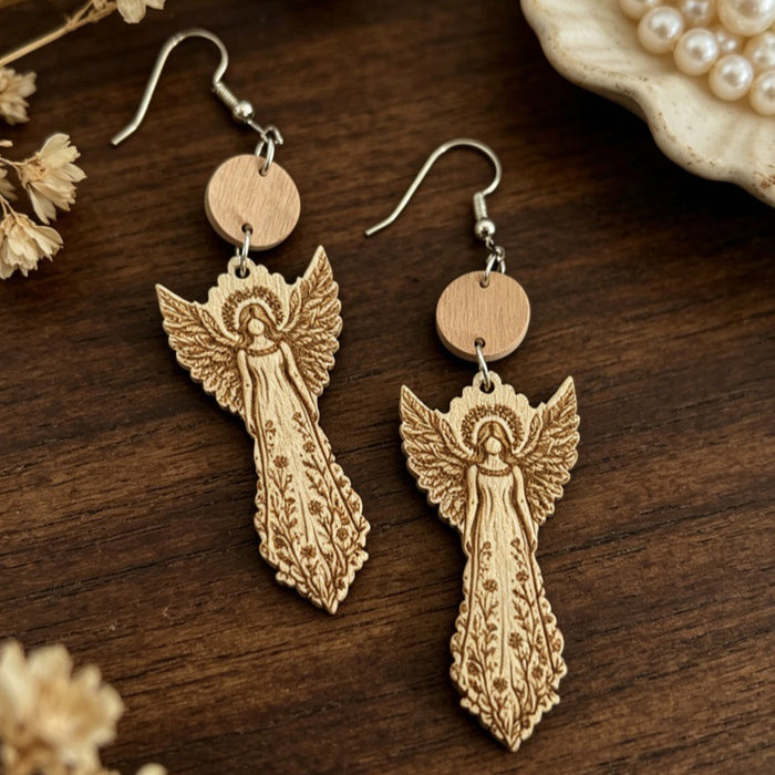 Wholesale Wooden Earrings Printed Angel Floral Bohemian Double Layer Jewelry Accessory