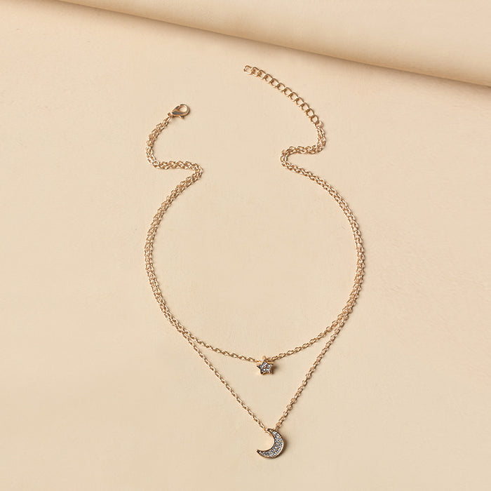 Wholesale Jewelry Full Diamond Multi Layer Star Necklace Fashion Alloy Moon Jewelry Personalized Pendant