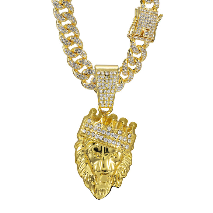Wholesale long necklace Cuban chain Crown lion head pendant men's accessories