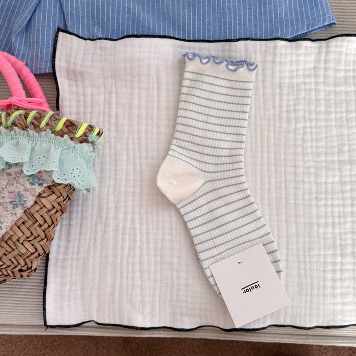 Wholesale Curled striped socks, mid tube socks, boneless socks, cotton socks