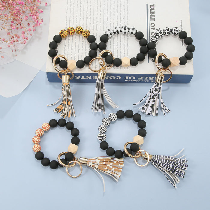 Wholesale Black Frosted Wooden Beads Tassel Pendant Bracelet Keychain JDC-KC-JinY009