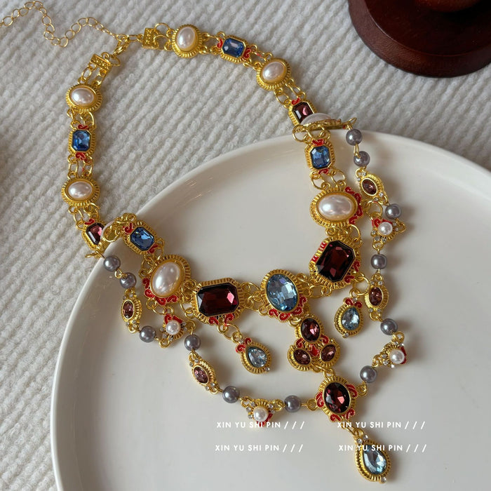 Wholesale Retro colored rhinestone pearl necklace with tassel, double layered collarbone chain, neck chain