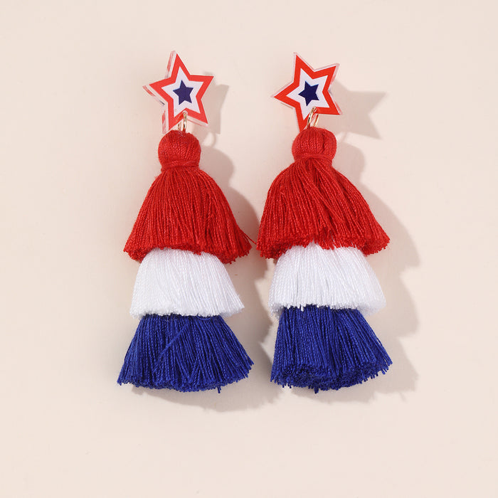 Wholesale Red, blue, and white rainbow shaped woven cotton rope tassel with sparkling pink acrylic earrings