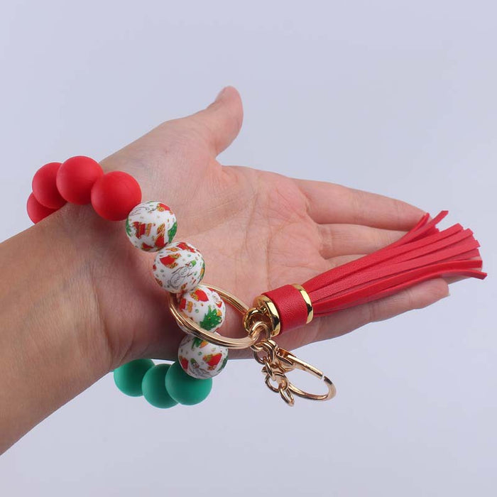 Wholesale Silicone leopard beads wrist keychain pendant leather PU tassel beaded bracelet accessories