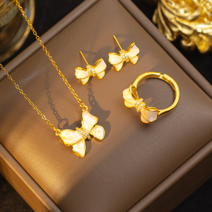 Wholesale Titanium Steel Necklace Bow Pendant Earrings Rings Set