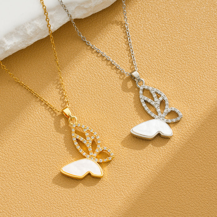 Wholesale Micro inlay temperament light luxury full diamond real gold electroplating butterfly titanium steel necklace women fashion clavicle chain