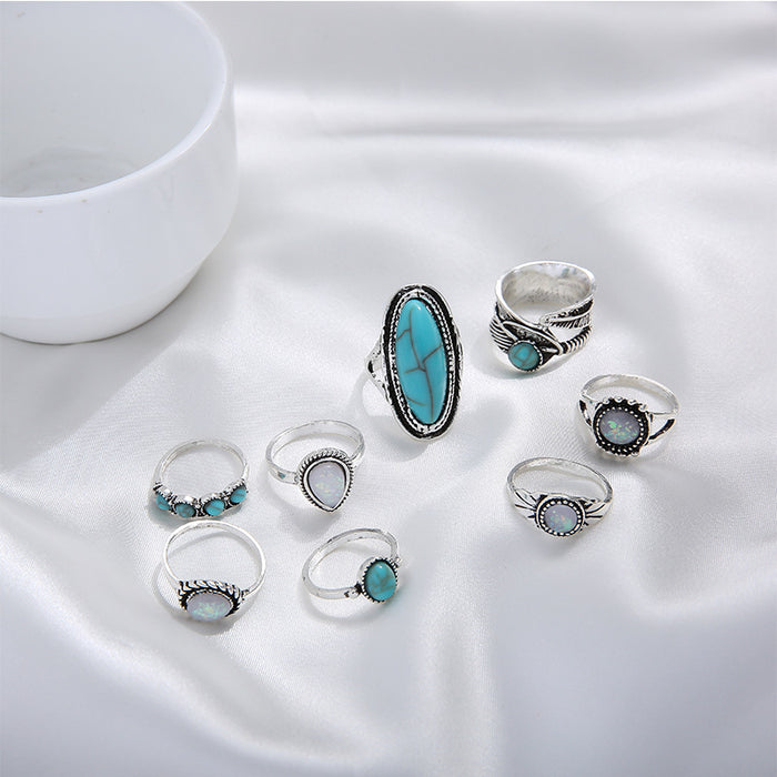 Wholesale 2pcs vintage inlaid turquoise 8 joint ring set