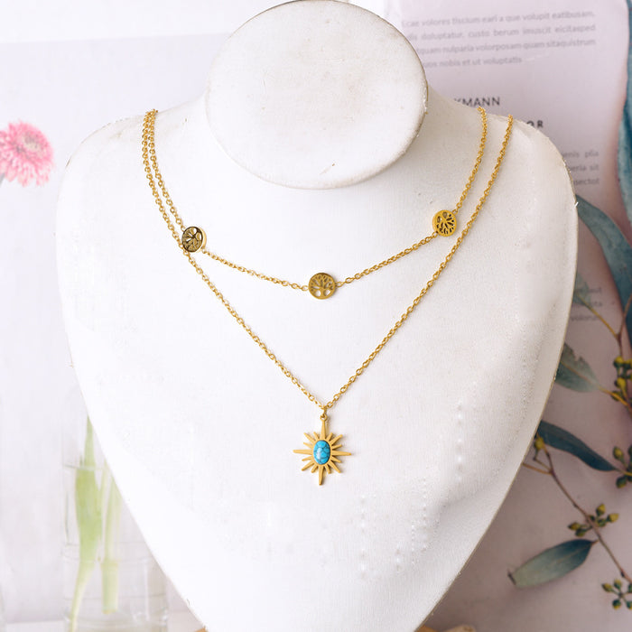 Wholesale Turquoise Medal Double Layer Stacking Titanium Steel Necklace JDC-NE-JinL001