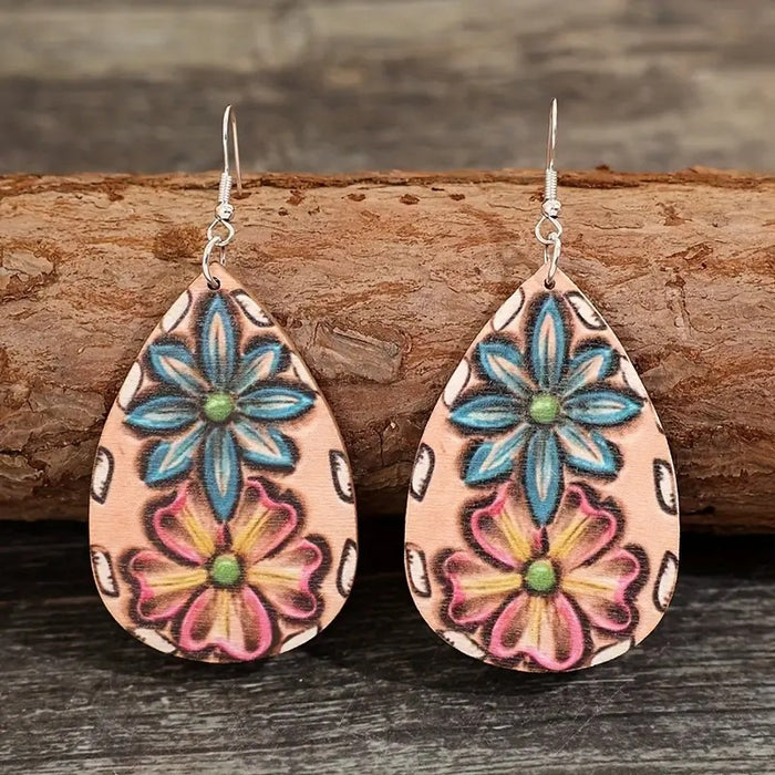 Wholesale  Water Drop Shape Colorful Pattern Pendant Wooden Earrings JDC-ES-WenT031