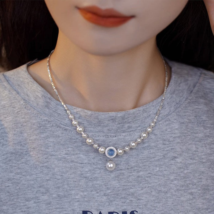 Wholesale women' s aquamarine pearl necklace clavicle chain all match