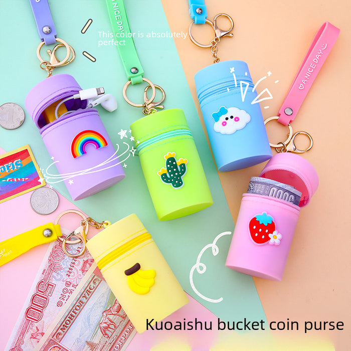 Wholesale Cute bucket bag portable bucket coin purse silicone coin bag headphone storage bag pendant keychain