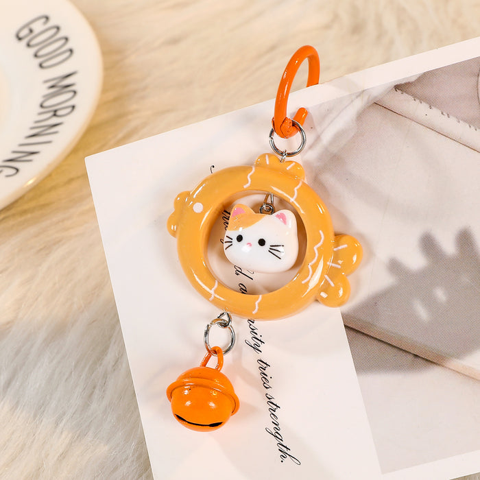 Wholesale Cartoon Cat Eating Fish 3D Keychain With Bell Blue Plastic Key Ring Fashion Bag Charm Accessory