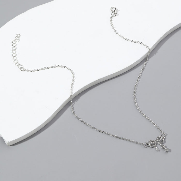 Wholesale Bow necklace, silver geometric pendant with diamond inlay design, versatile accessory