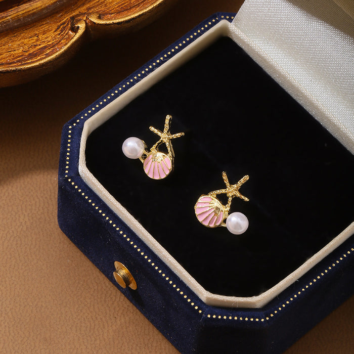 Wholesale Small and luxurious element, oil dripping scallop, starfish, imitation pearl, diamond studded earrings