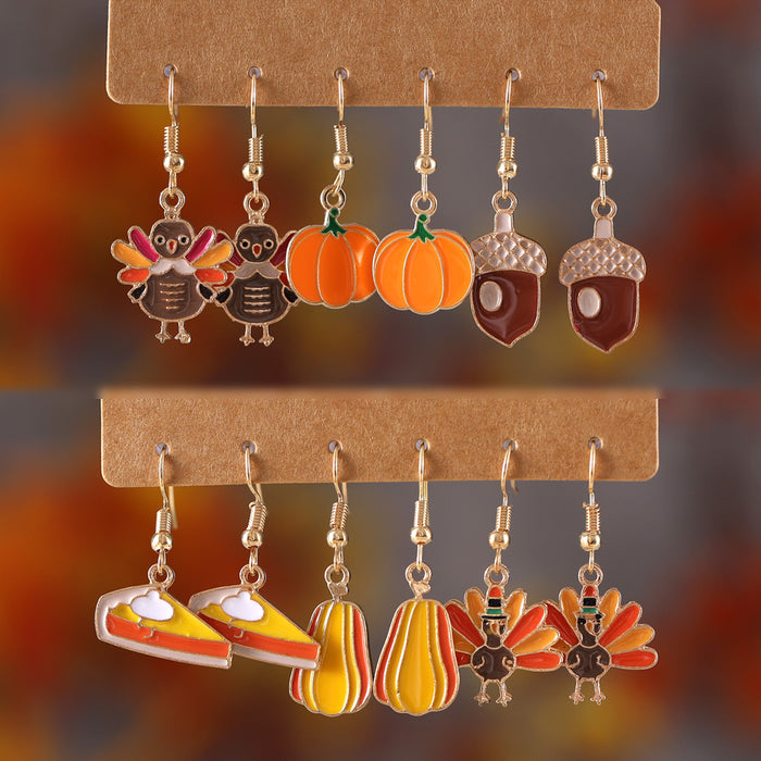 Wholesale Thanksgiving Turkey Pumpkin Earring Set Creative Sandwich Pine Cone Oil Drop Jewelry for Women