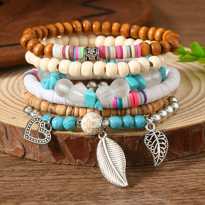 Wholesale Bohemian style colorful multi-layered wooden bead and nut shell six-piece set stretch clay bead bracelet